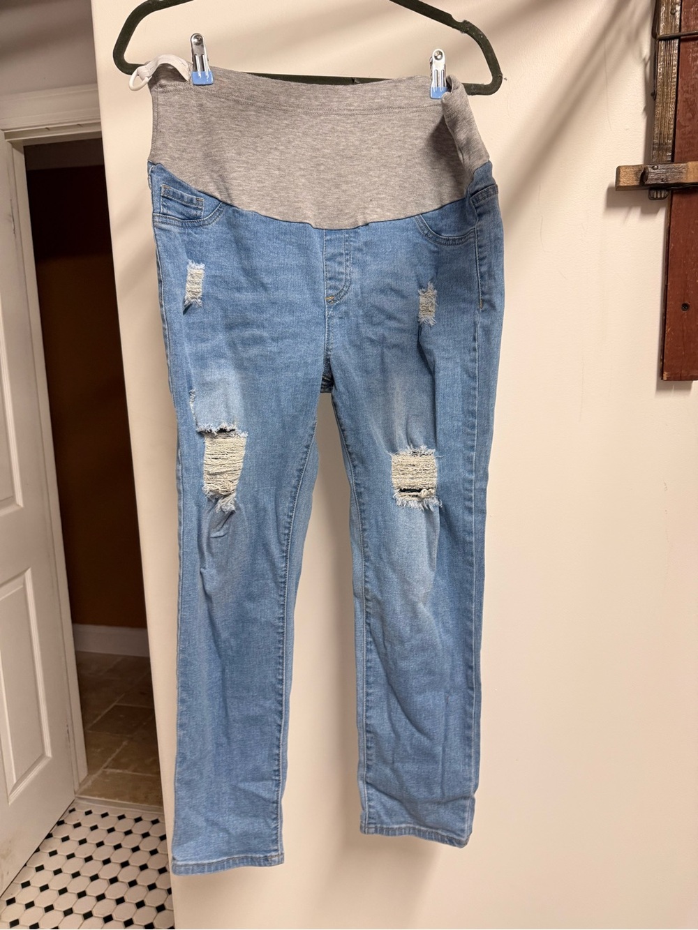SHEIN Light Blue Distressed Maternity Jeggings with Grey Knit Waistband